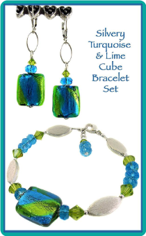 Silvery Turquoise and Lime Squares Bracelet and Earrings