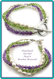 Amethyst, Peridot, and Freshwater Pearls Braided Bracelet