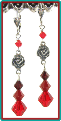 Silver Rose and Red Crystal Earrings