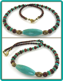 Turquoise Oval, Antiqued Brass, and Red Jasper Bead Necklace