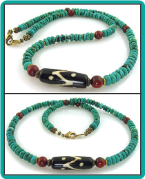 Batik Bead, Turquoise Rondelle and Red Jasper Necklace