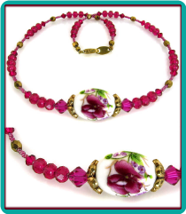 Fuchsia Flowers Porcelain Bead Necklace with Fuchsia Crystals