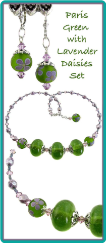 Paris Green with Lavender Daisies Lampwork and Crystal Set