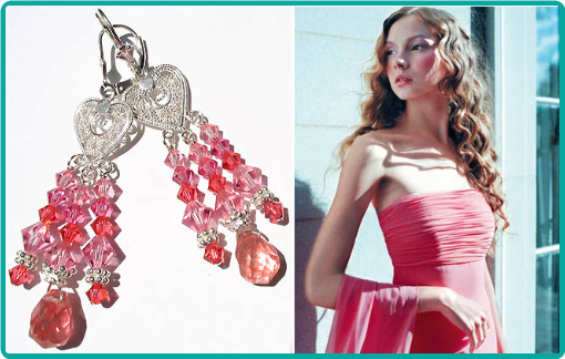 Stunning custom chandelier earrings for the bridesmaids of strawberry quartz and pink melon crystals suspended from sterling silver hearts. 