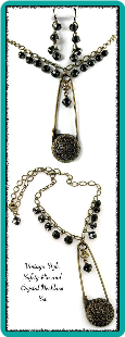 Vintage Style Safety Pin and Crystal Necklace & Earrings
