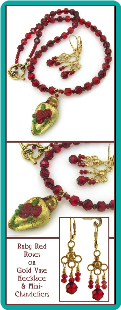 Ruby Red Roses on Gold Vase Handcrafted Necklace